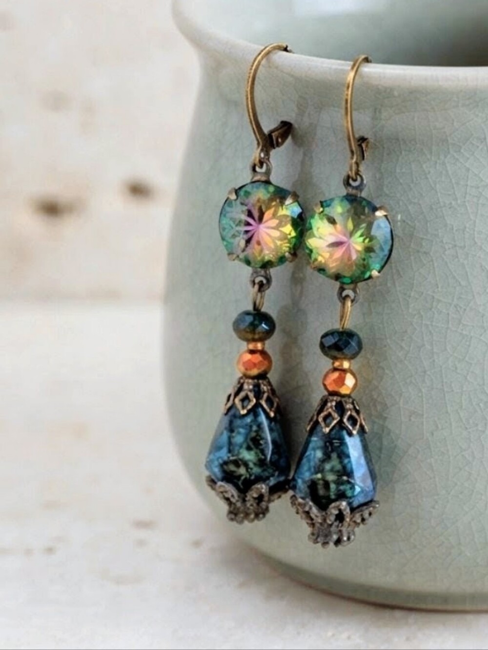 Victorian Mettalic Green And Glass Flower Mosaic Dangle Earrings In Brass
